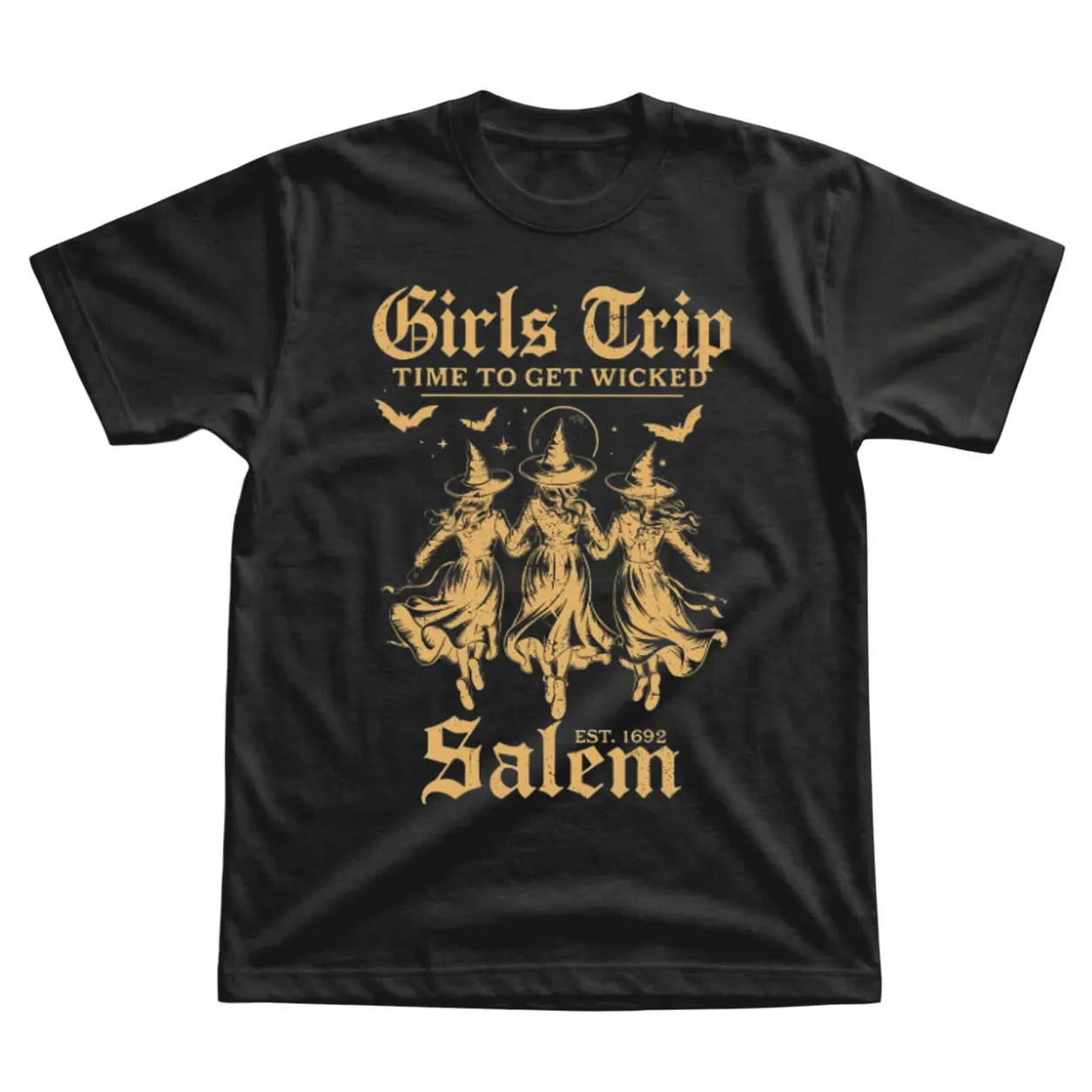 [ On Sale 55% ] "Girls Trip Time To Get Wicked Salem Est. 1692" Witches Graphic Black Cotton Tee Y2K Streetwear Top - Whimsical Halloween Illustration Merchandise Retro Apparel Casual Outfit