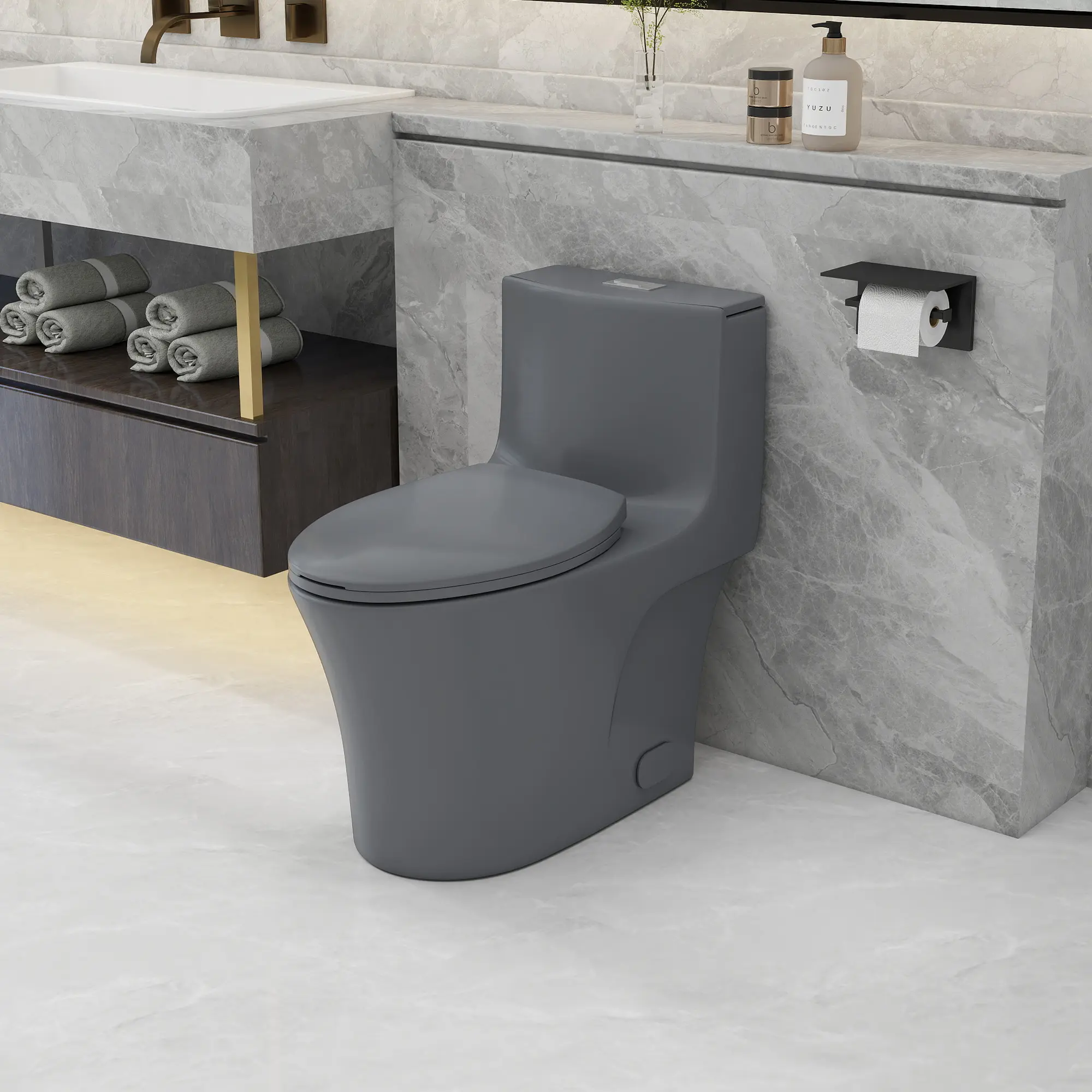 Light Grey Ceramic One-Piece Elongated Toilet, 17"ADA Comfort Height, Top-Mount Dual Flush Buttons, Tornado Siphonic 1.1/1.6 GPF, MaP 1000g Rating, 12" S-Trap Rough-In, Quiet Soft-Close Seat
