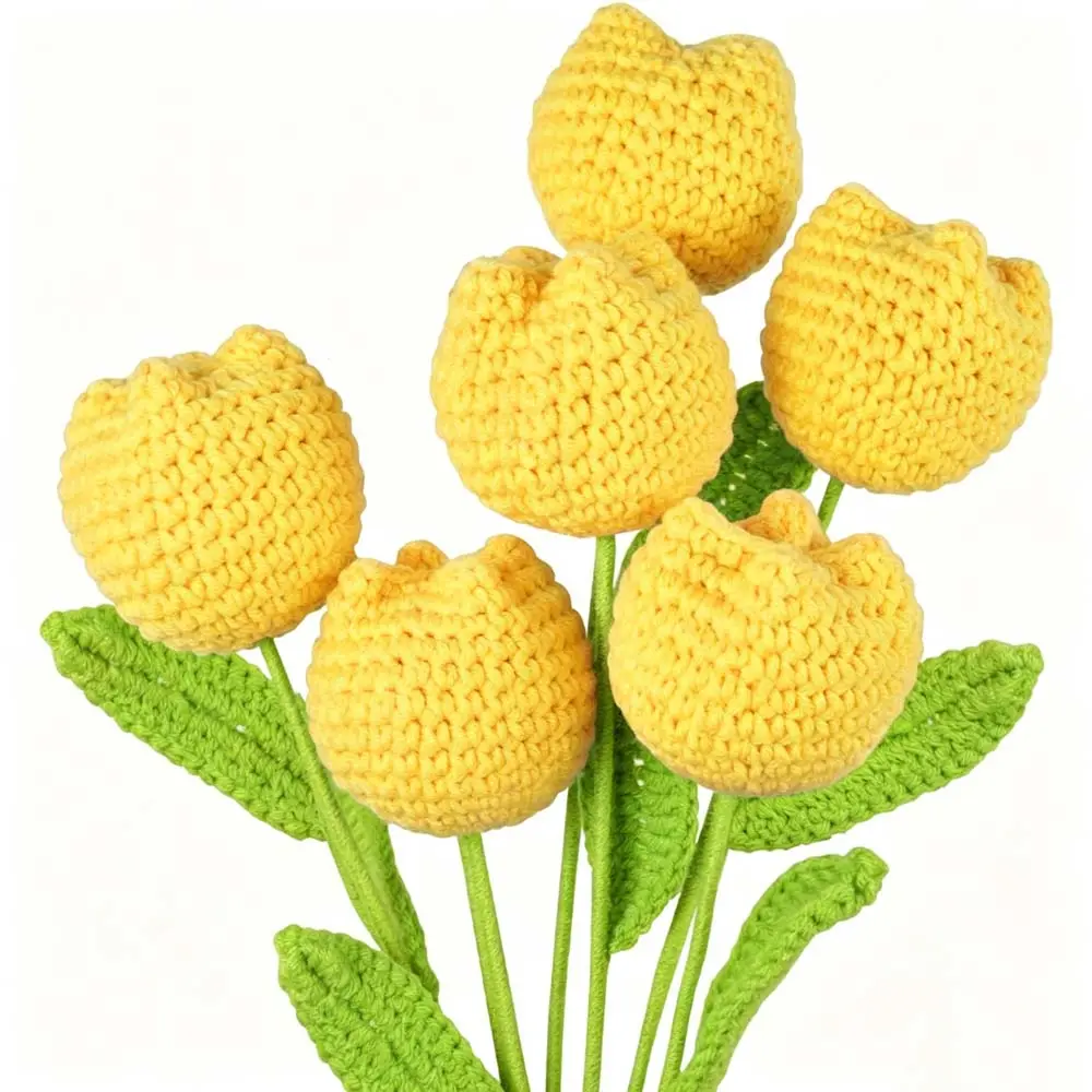 6-Piece Modest Farmhouse Yellow Cotton Crocheted Tulip Artificial Flower Set - Handmade Bouquet with Flexible Stem, Daily Floral Decor, Desk Decor, Christmas Home Ornament, Women's Friendship Birthday Gift, Tulips, Anniversary