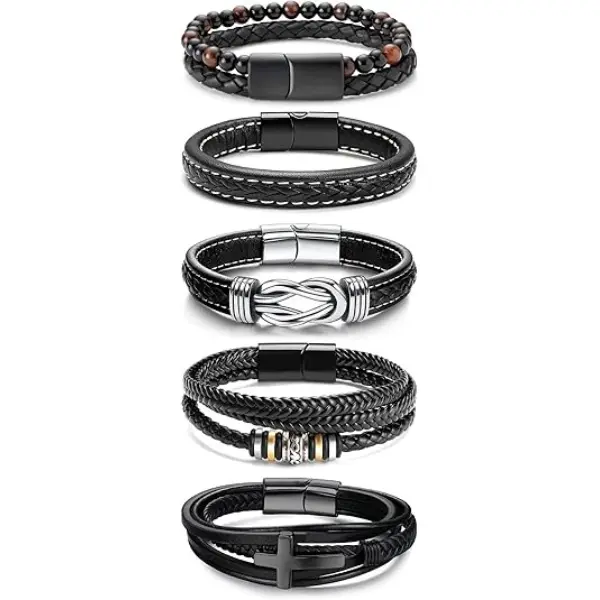 5pcs Black Leather Bracelets for Men Women Mens Bracelet Leather and Steel Braided Cuff Bracelets campingessentials