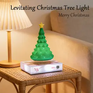 Magnetic Levitation Floating 3D Christmas Tree LED Night Light Lamp 360° Rotating RGB Color Change Custom Photo UV Print Square Base Futuristic Bedside Table Lamp Unique Valentine’s Day Gift for Couples