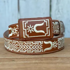Natural  “Spur” Embroidered 1 5/8” Wide Belt with Rectangular Buckle | Made in Jalisco, Mexico