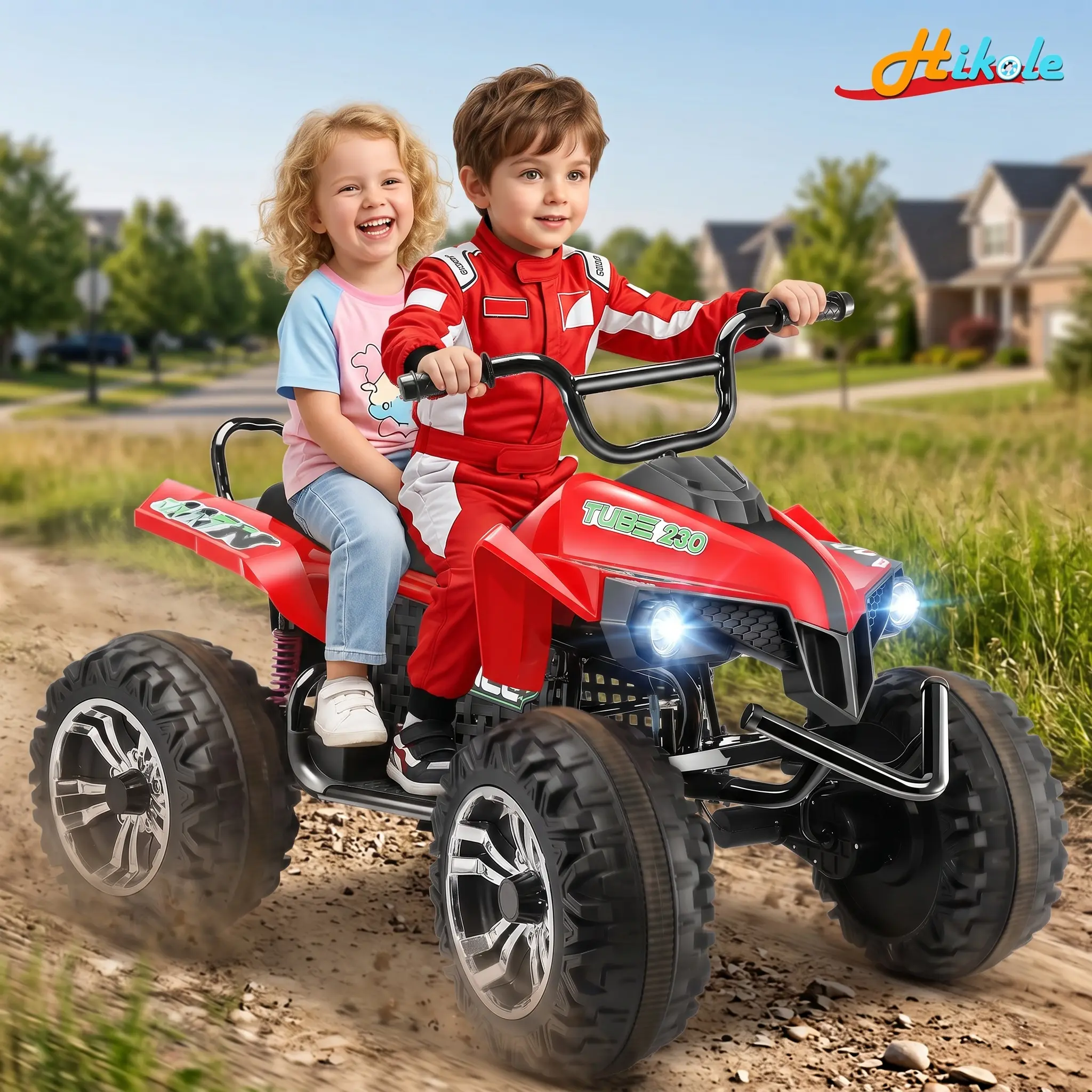 HIKOLE  24V Ride on ATV for Kids with Music, 4*81W 2 XL Seater for Toddlers, EVA Tires Battery Powered Car, Remote Control, Knee Pad, Bluetooth, Toys Car for Big Kids, Perfect Gift for Boys and Girls Aged 3-8kid ride