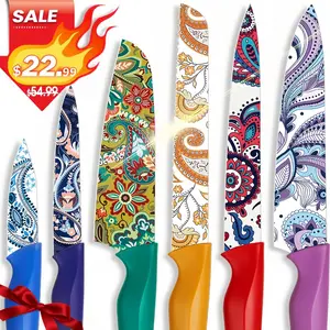 Astercook Paisley Knife Set, Scratch Resistant Coating, 6 Knives and 6 Knife Holders,  High Carbon Stainless Steel Kitchen Block Cooking Cutting