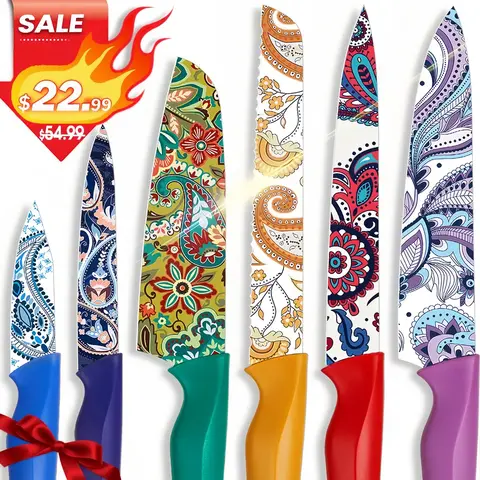 Astercook Paisley 12-Piece Kitchen Knife Block Set, Kitchenware with High Carbon Stainless Steel Serrated Blades, Scratch-Resistant Coating, 6 Knives & 6 Holders for Home, Cutting, BBQs