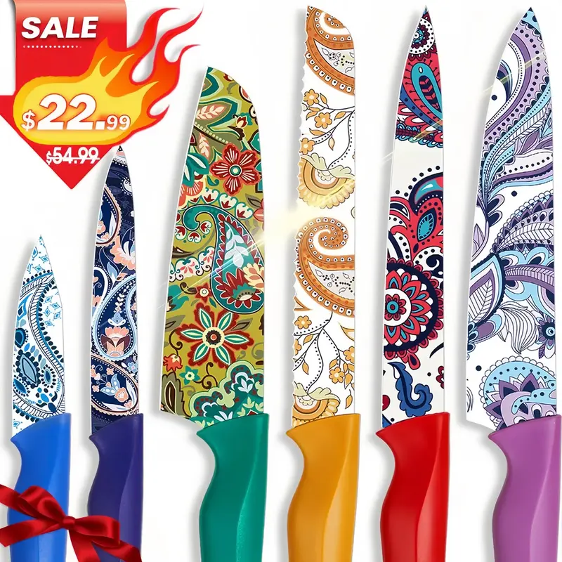 Astercook Paisley 12-Piece Kitchen Knife Block Set, Kitchenware with High Carbon Stainless Steel Serrated Blades, Scratch-Resistant Coating, 6 Knives & 6 Holders for Home, Cutting, BBQs