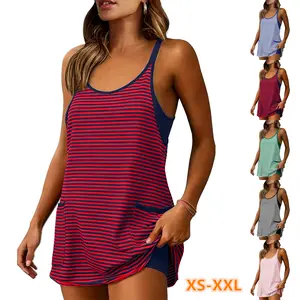 WoodBerry Women's Sleeveless V-Neck Striped Summer Athletic Dress - Built-in Shorts, Pockets, Ideal for Tennis Attire, Workout Exercise