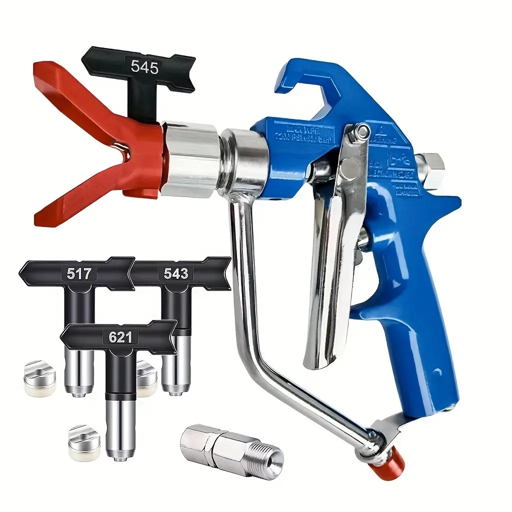 243-283 Airless Spray Gun 5000 PSI Pressure Heavy Duty Silver Airless Paint Spray Gun with Tip Guard, 1/4 F to 3/8 M connector and 517 ,543,545,621 Spray Tip Paint Spraying Tool