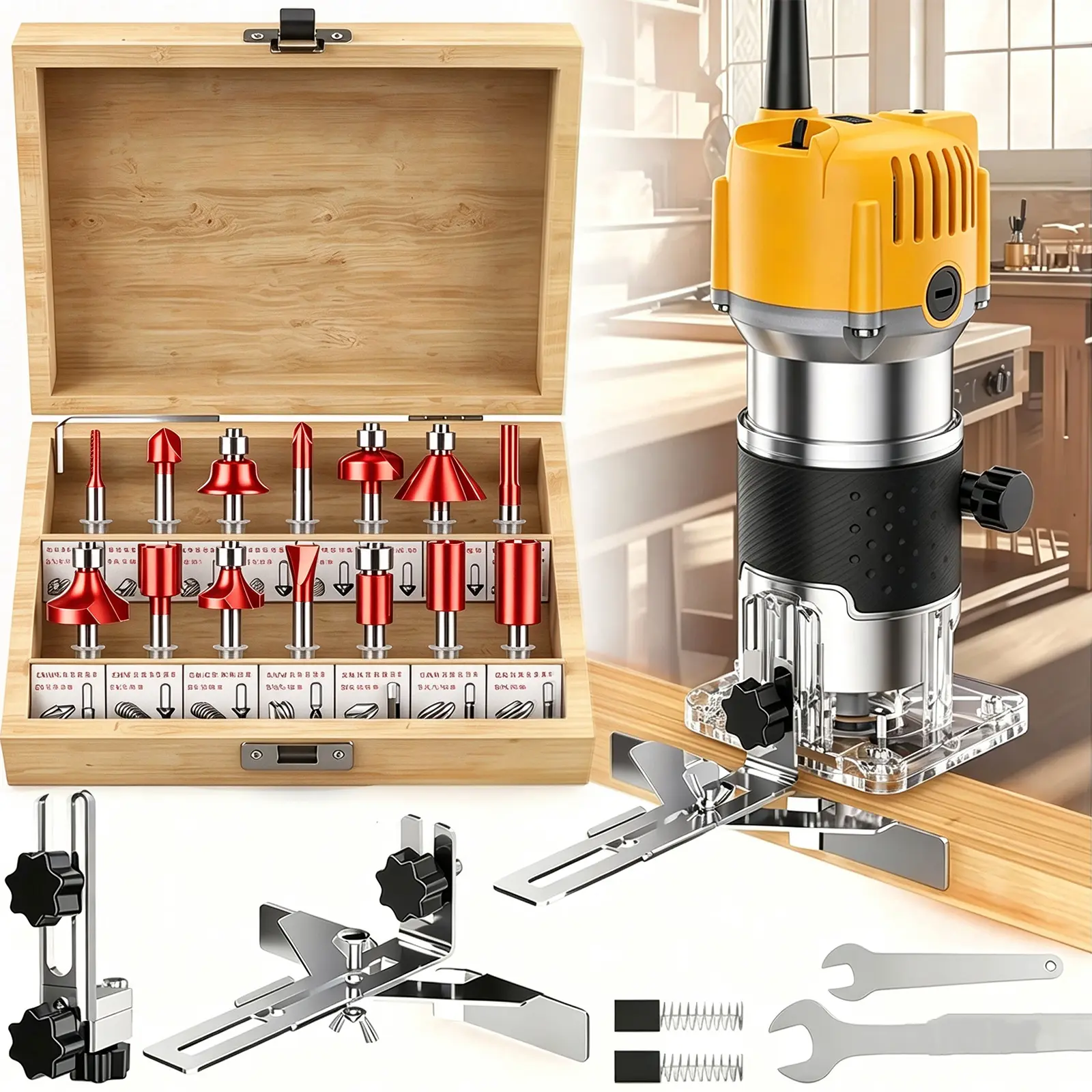 HI Electric Hand Wood Trimmer Router Kit, 6 Speed Adjustable Compact Palm Router With 15Pcs Router Bits & Full Accessories, Woodworking Slotting, Trimming, Carving Power Tool For DIY Carpentry