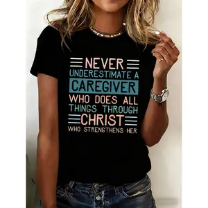 Women'S Funny Caregiver Strength T-Shirt - "Never Underestimate a Caregiver" Inspirational Quote, 100% Oversized Comfort Fit Short Sleeve Round Neck Black Top with Blue & Print - Funny Humor Gift for Nurses, Teachers, Caregivers, Wife, Mother