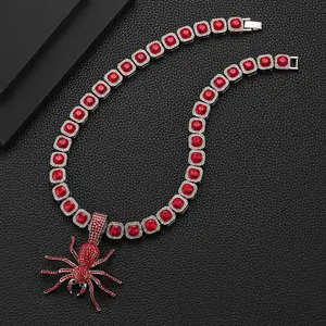 Red Crystal Spider Pendant Necklace, Iced Rhinestone Square Chain, Hip Hop Streetwear Jewelry, Romantic Valentine’s Day Gift for Boyfriend