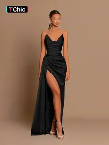 Women's Plain Ruched Split Thigh Draped Tube Dress, Elegant Strapless Maxi Dress for Party Club Dating Wear, Ladies Summer Clothes