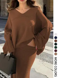 Fall Winter Women's Knitted Two-Piece Set, Casual Long Sleeve Round Neck Top and Midi Skirt for Romantic Dates and Everyday Wear
