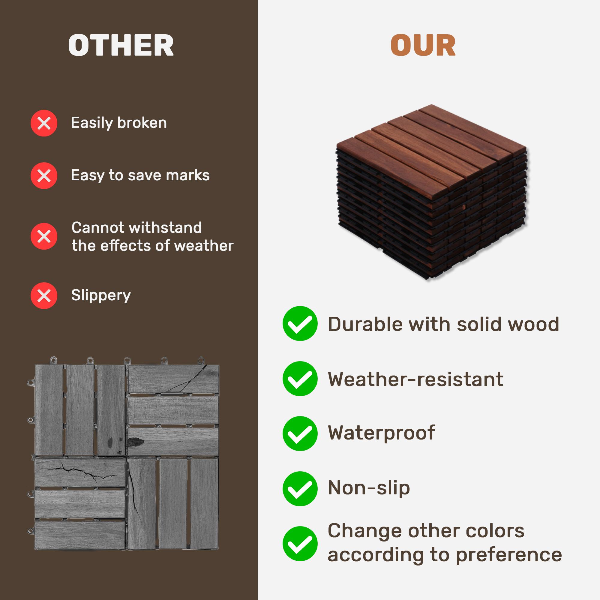 SAVEYOUR 10 PCS Interlocking Deck Tiles 12" x 12" Square Acacia Hardwood Waterproof Anti-Mildew Outdoor Flooring for Patio Balcony Pool Side