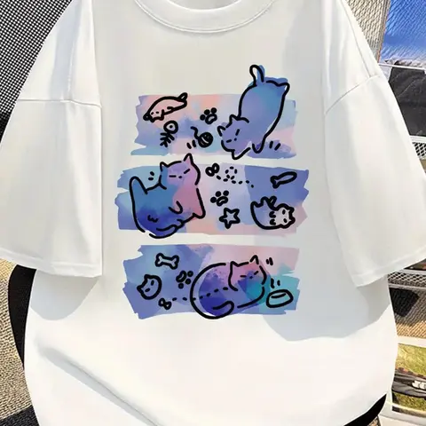 Women's Cartoon Cat Print Round Neck Tee, Fashion Casual Basic Crew Neck Loose Fit T-shirt, Top for Daily Holiday Vacation Outdoor Wear, Ladies Clothes for All Seasons, Casual Everyday Wear, Womenswear