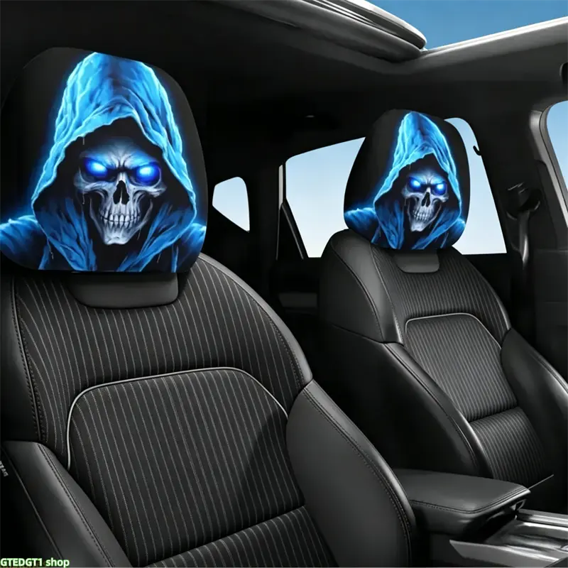 2 PCS Gothic Style Blue Glowing Reaper Skull Print Car Headrest Covers, Universal Elastic Soft Headrest Protector, Spooky Hooded Skeleton Pattern Auto Seat Head Rest Covers for SUV, Truck, Sedan, Car Interior Decor Aesthetic Car Accessory Automotive Decor