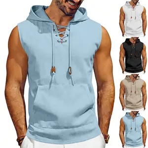 Heavy summer men's loose elastic jacquard trendy sleeveless sports hooded drawstring vest