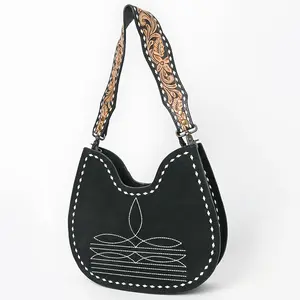 American Darling Western Hobo Bag Handcrafted from Black Genuine Suede Leather | Boot Stitched Front, Hand-Tooled Floral Strap & YKK Zipper