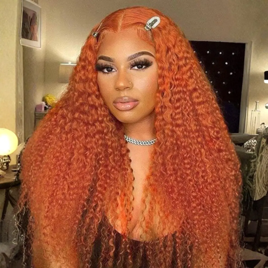 [14 inch=$39] Nadula Ginger Copper Jerry Curly 4x1 Lace Part Wig Tight Coily Ringlets 3C–4A Bold Orange Copper Curly Hair Ginger Copper Curly Wigs Summervibes TikTokShopStockUp