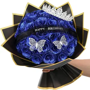 Glitter Blue Rose Bouquet with Birthday Stand Up Signs 36 Count for Women Mom Grandma Wife Friends as Birthday Gifts
