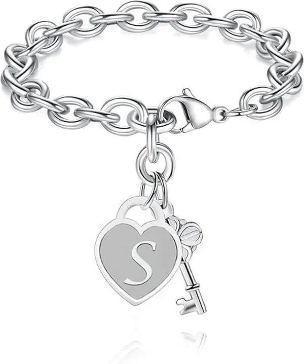 Initial Heart Charm Bracelet for Women & Girls, Adjustable Stainless Steel Alphabet Jewelry, Personalized Anniversary & Thanksgiving Gift, 0.7” X 0.7”, Non Tarnish Jewelry, Tarnish Proof Jewelry
