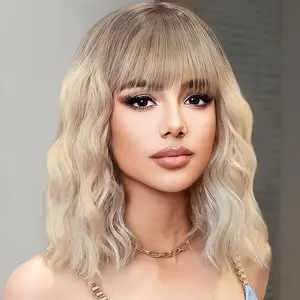 Eerya Blonde Wig with Bangs Highlight Blonde Wigs for Women Blonde Short Bob Wavy Wig Shoulder Length Womens Ombre Wig Synthetic Hair Middle Part for Party Daily Use(14 Inch)