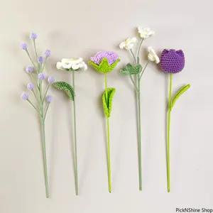 Handmade Crochet Yarn Flower Bouquet with Tulips, Lavender, Roses - Decorative Knitted Artificial Home Accessory for Indoor Living Room Display