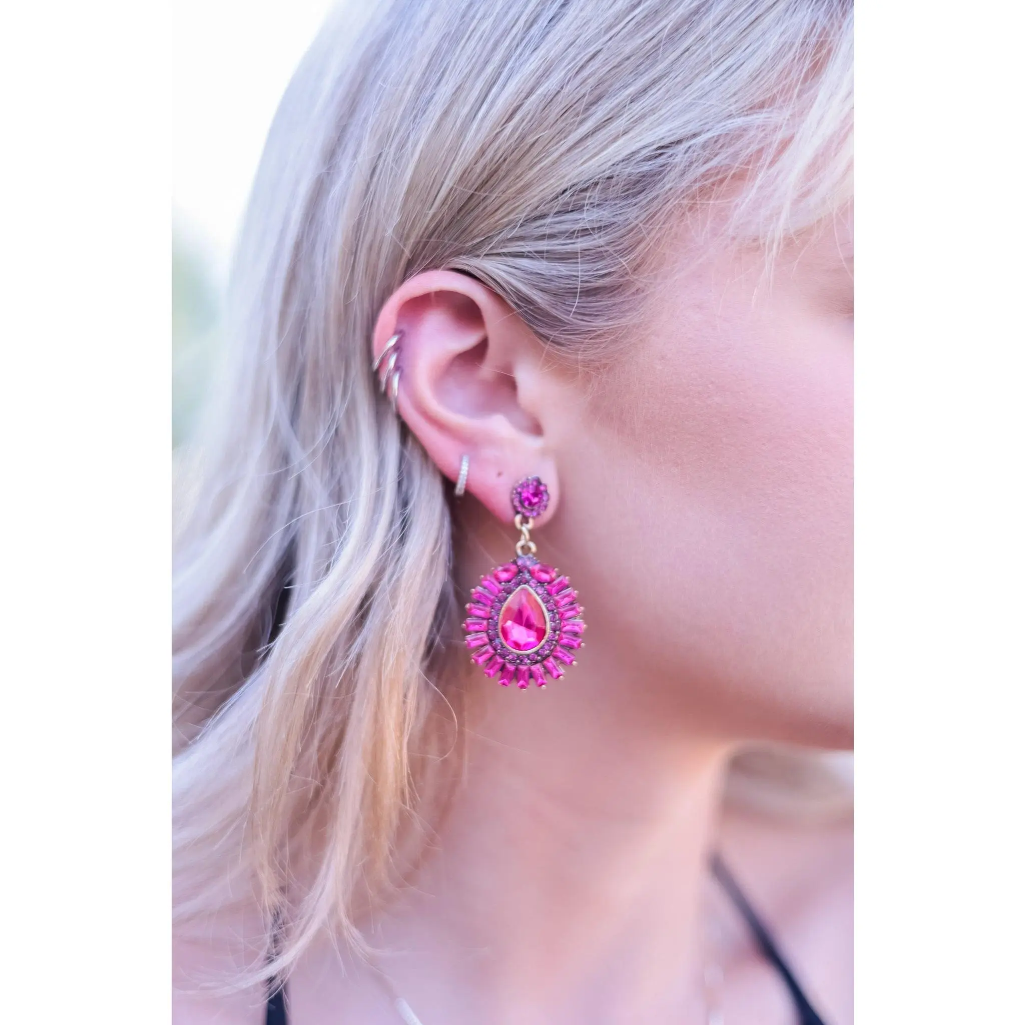 Fuchsia Pink  - Glamorous Rhinestone Statement Earrings