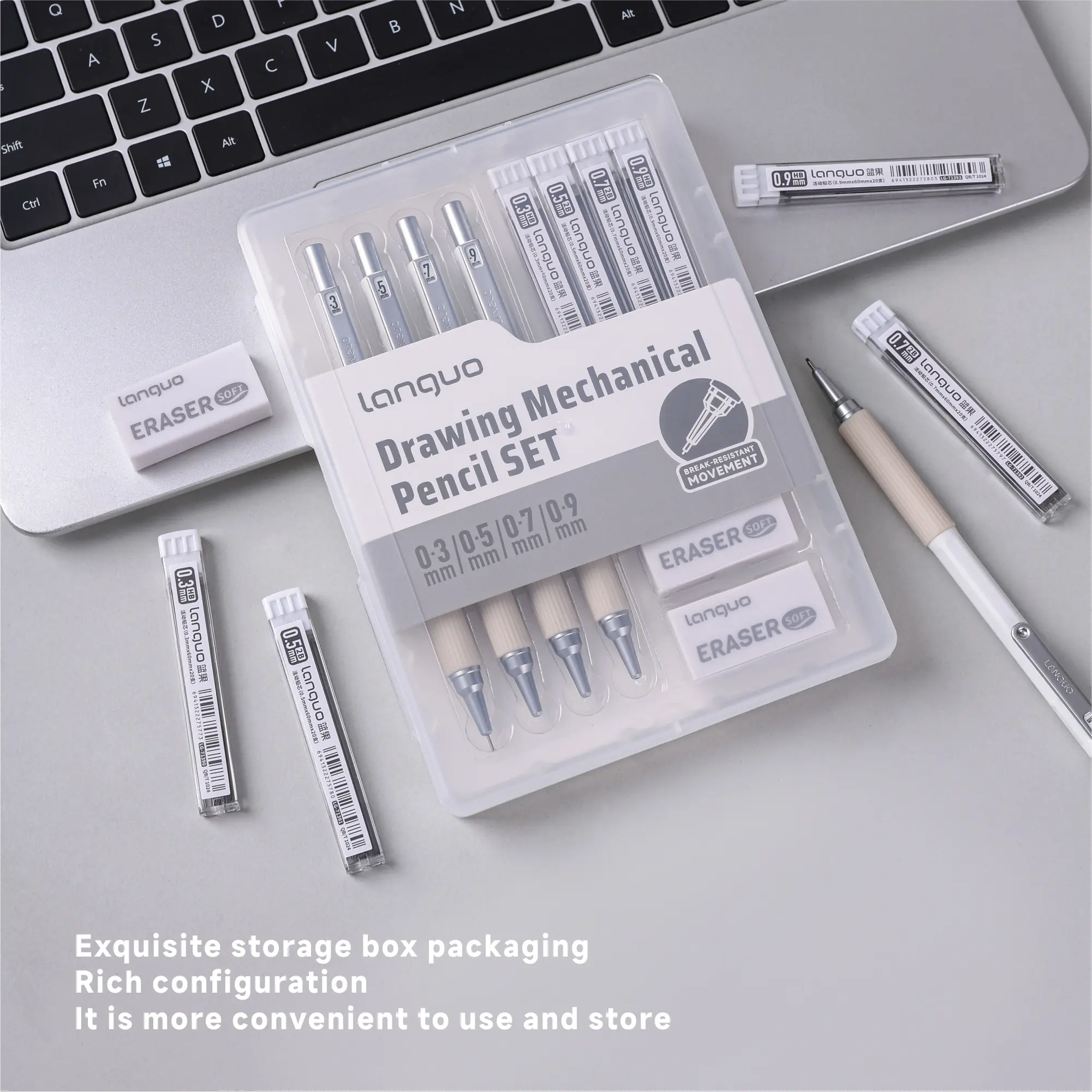 Languo Automatic Pencil Set, 4 Metal Drawing Pencils 0.3mm-0.9mm, Graphite Leads, Erasers, Sketching Writing Art Supplies, Office Stationery, Mechanical Pencils Set