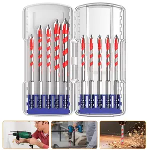 This is a comprehensive 10-piece drill bit set specifically designed for hard materials such as rigid metal, steel, tiles, concrete, glass, bricks, and wood. It features a four-tooth serrated design, carbide drill bits, a manual hole opener