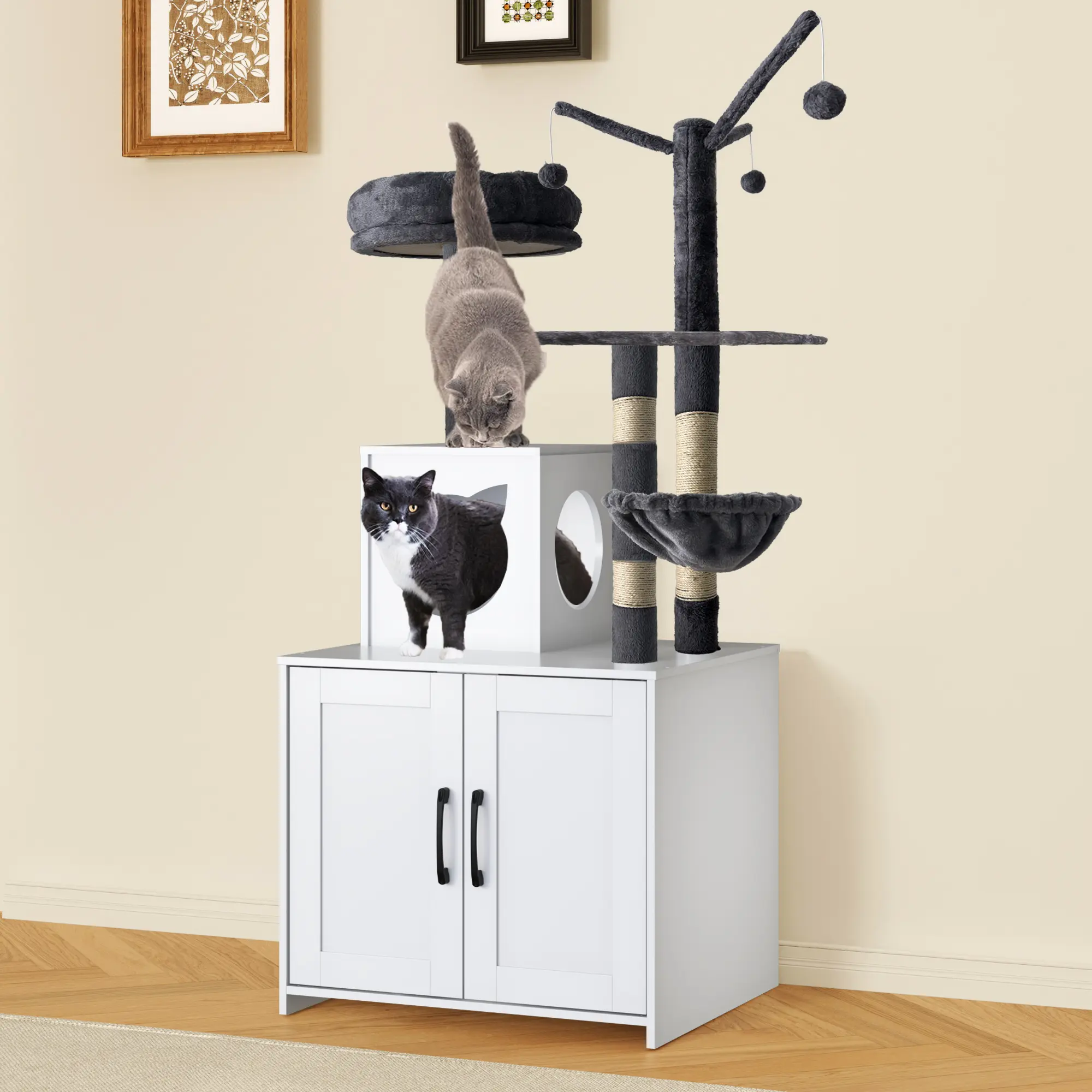 Wooden Cat Litter Box Enclosure, Multi-level Cat Tree Tower, Wooden Cat Apartment With Scratching Posts, Cat Door, Hammock, Fluffy Scratching Post Large Cat House For Kittens, Cat Toys, Hammock, Scratching Post, Removable Top