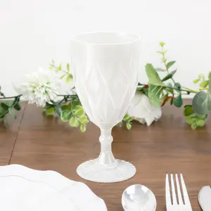 12 Pack Diamond Cut Vintage Plastic Wine Goblets – Pearl White 11oz Embossed Reusable Drink & Cocktail Glasses