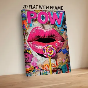 Pop Art Lips Lollipop Canvas Wall Art, Colorful Graffiti Style Framed Print, Vibrant Pink Aesthetic Room Decor, Ready to Hang Framed Canvas Wrap