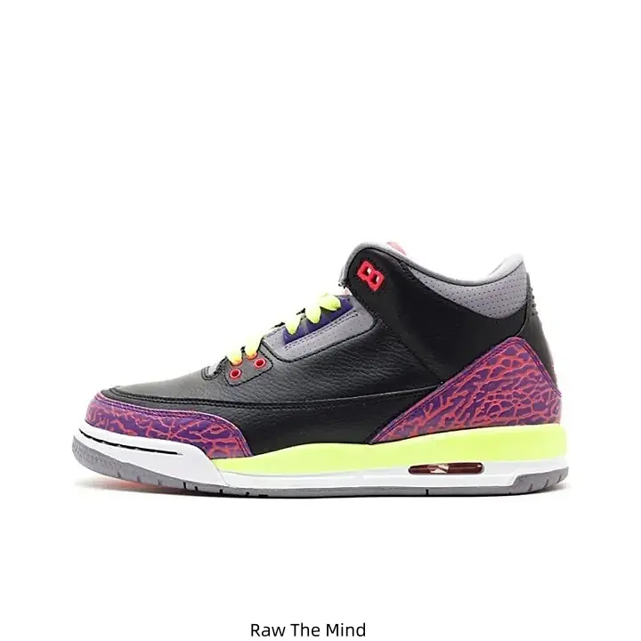 Retro Mid Top Basketball Sneakers Black Leather Upper Purple Red Elephant Print Neon Yellow Laces & Midsole Grey Collar Cushioned Comfort Casual Street Sneakers For Men Women