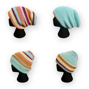 Multicolor & Blue 4-Way Reversible Knit Beanie Hat