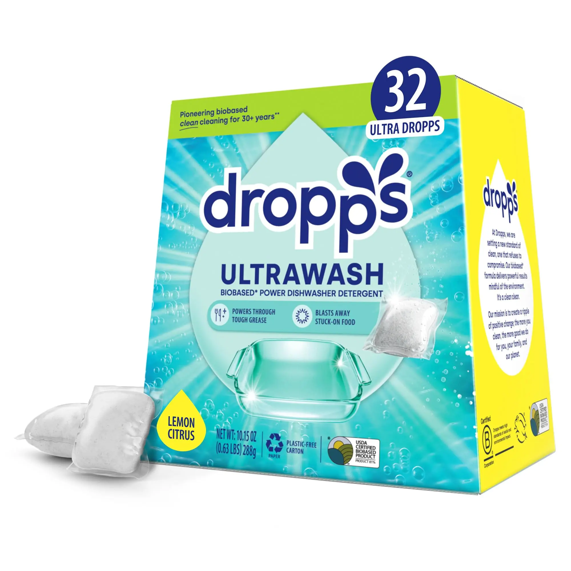 Dropps Dishwasher Detergent Pods: Lemon | 32 Count | Cuts Grease & Fights Stuck On Food | For Sparkling Glassware & Dishes | Low Waste Packaging