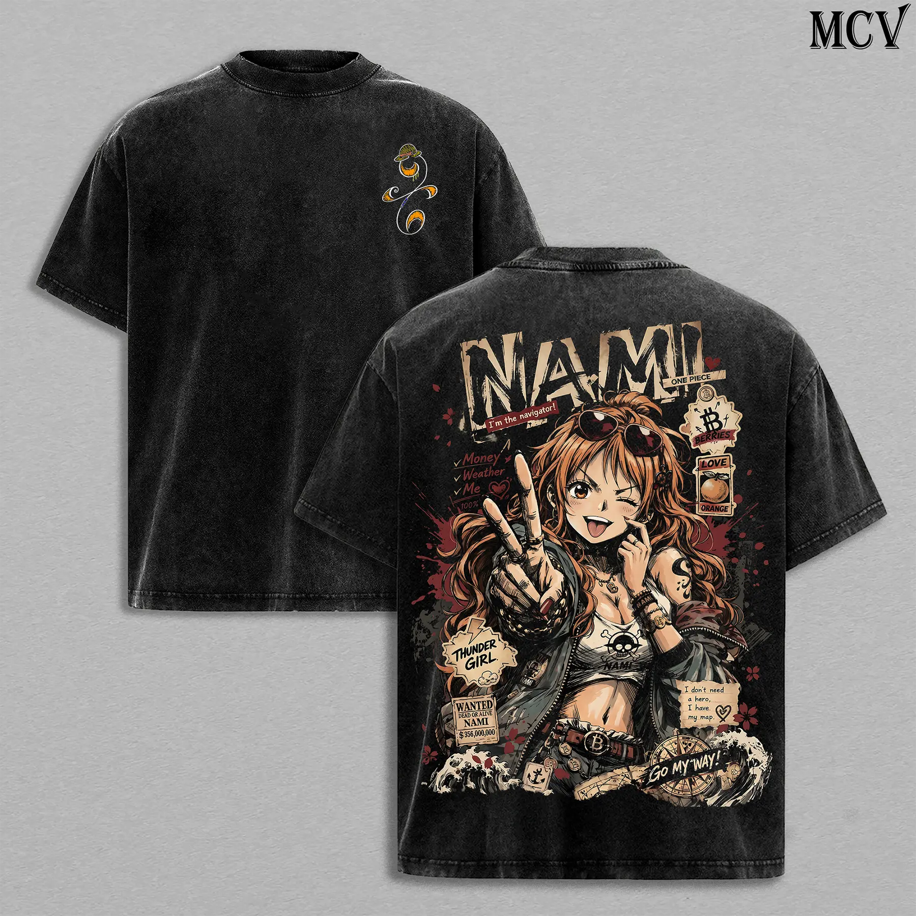 Nami One Piece Vintage Washed Tee – Cute Navigator Girl Anime Manga Graphic Double Printed T-Shirt, Kawaii Pirate Princess Heavy Cotton Unisex Oversized Vintage Streetwear Top