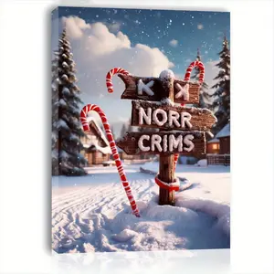 2D Flat Wooden Frame Canvas Wall Art - Cozy Winter Wonderland Candy Cane and Snowy Cabin Scene, 11.8x 15.7inch Vertical Holiday Decoration, Living Room Bedroom Kitchen Christmas Gift, Perfect Christmas Atmosphere, Decoration Items