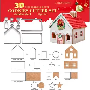 10PCS 3D Gingerbread House Cookie Cutter Set, Stainless Steel Fondant & Biscuit Molds for Christmas Decorations & Holiday Parties, Ideal for Cutting Chocolate, Sandwiches & Fruit | Easy-to-Use Baking Tools, Kitchen Gadgets & Accessories
