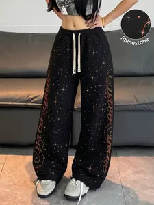 Shiny Rhinestone Loose Straight Leg Pants, Vintage Distressed Hem, Unisex Casual Wide Leggings, All Seasons, Long Regular Fit