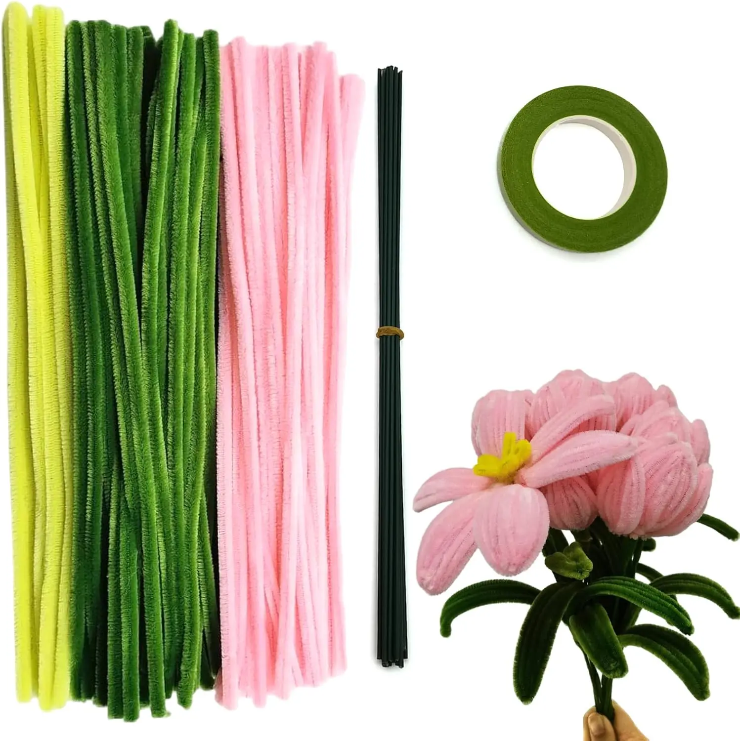 210-Count Super Plush Fiber Craft Pipe Cleaners Flower Kit with Metal Wire, 100pcs Light Pipe Cleaners, 20pcs 30cm Floral Wires, 1-Count Light Green Gardening Tape for Mothers – Lily Bouquet Making, DIY Craft Projects