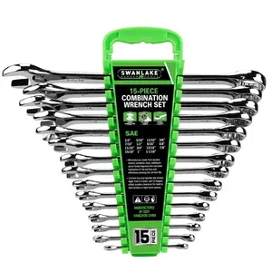 SWANLAKE GARDEN TOOLS 15-Piece SAE Wrench Set, V Notch Premium Combination Wrenchs Set, SAE 1/4" to 1", Max Torque, 12-Point, Chrome Vanadium Steel, with Storage Rack green  rubber impact coupler repair tool Metric cool mechanic mechanic tool car repair