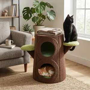 COMHOMA 2-Tier Bionic Tree Stump Cat Nest Stool, Heavy-Duty Steel Frame Pet House with Soft Teddy Velvet, Multipurpose Ottoman for Humans & Pets with 450lbs Capacity