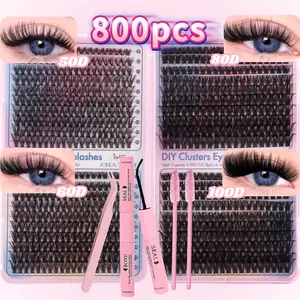 DIY Cluster False Eyelash Set, 800pcs Reusable Lashes, 50D-100D Volume Curl, Includes Tweezers & Brushes, Ideal for Beginners