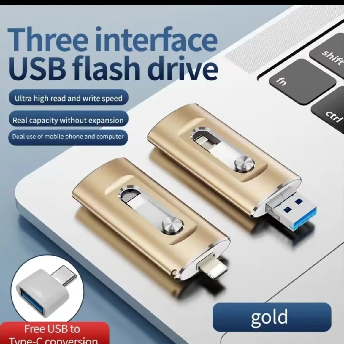 Portable High-Speed USB 3.0 Flash Drive, OTG Pen with Type-C Adapter ...