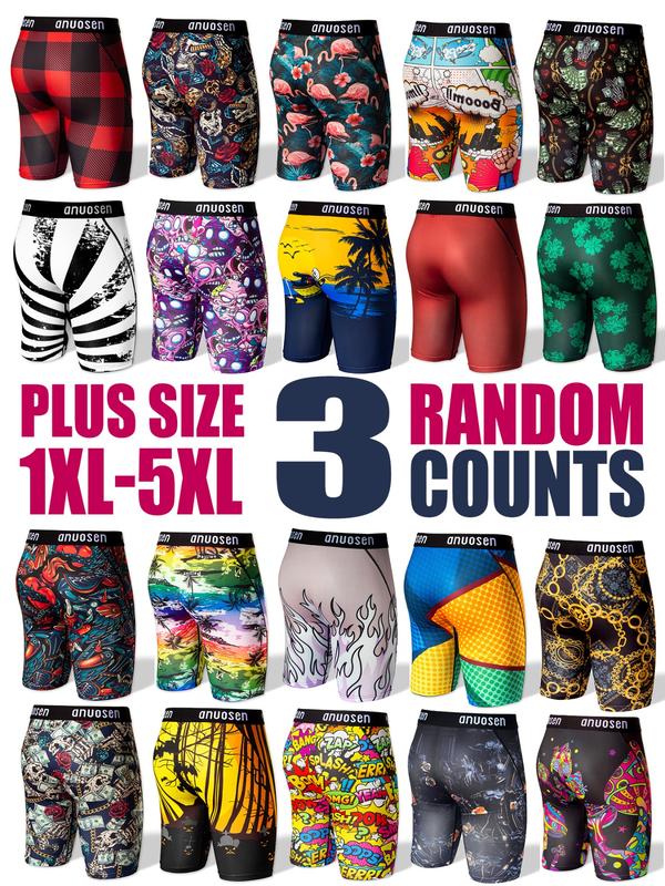 Random Plus Size 3pcs Men's Long Boxer Shorts, Casual Stretch Fit 1xl-5xl, Fun Patterns Including Cartoon, Stripes & Animal