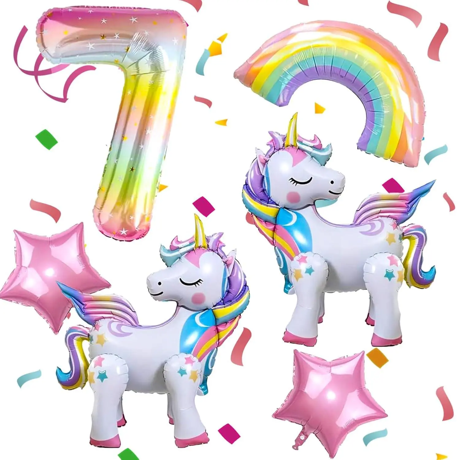 Self Standing Unicorn Balloons, 6Pcs Unicorn Kids 7Th Birthday Party Decor | Unicorn Balloon, Large Rainbow Balloon, Colorful Number 7 And Star Balloons For Girl 7Th Birthday Party Supplies