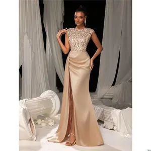 Party Formal Sleeves Cap Elegant Sequin Bodice Split Dress