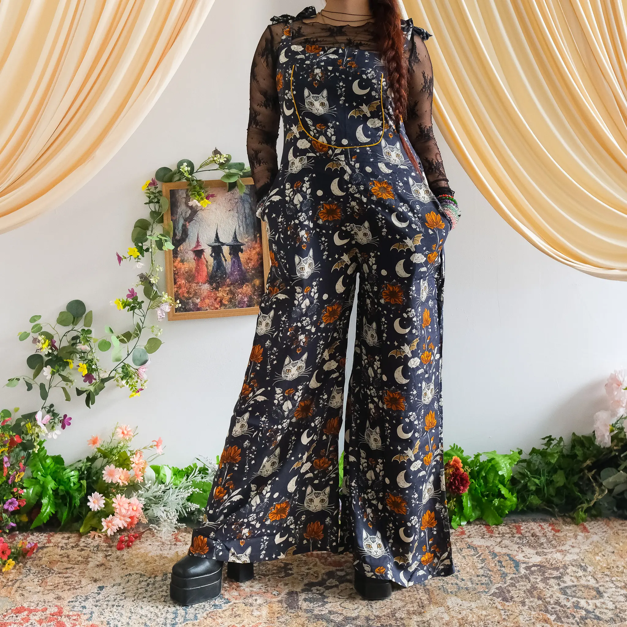 Celestial Cat &Moon Wide LegJumpsuit,Gothic Overalls,Witchy Boho Romper, Halloween Outfit,Earthy Whimsy Handmade Fall Winter Bohemian Romper
