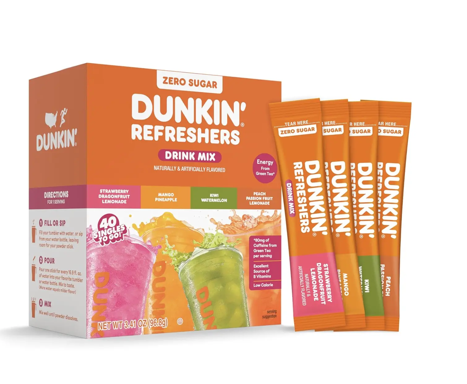 Dunkin’ Zero Sugar Refreshers Singles To Go! Powdered Drink Mix, 40 Count Variety Pack